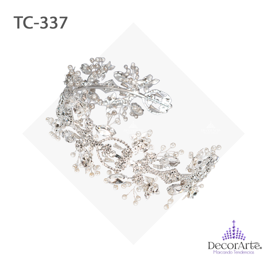 Diadema Con Flores De Metal/Semillas Ab/Cadena Y Piedra Nat/Perlas