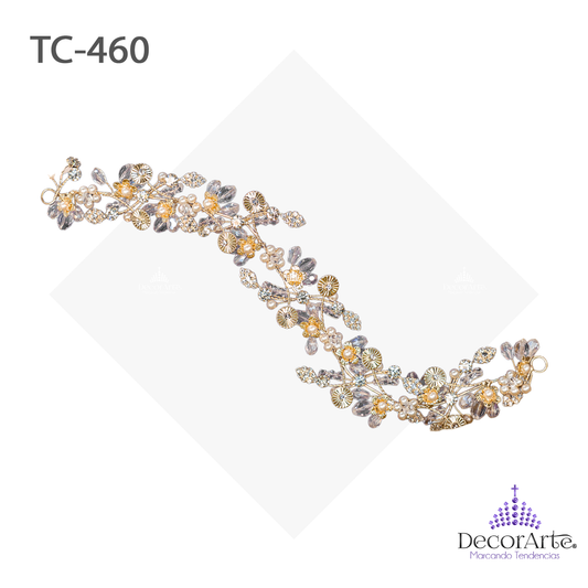 Tocado En Forma De Guia Con Flores De Perla Y Metal Con Hojas De Cadena